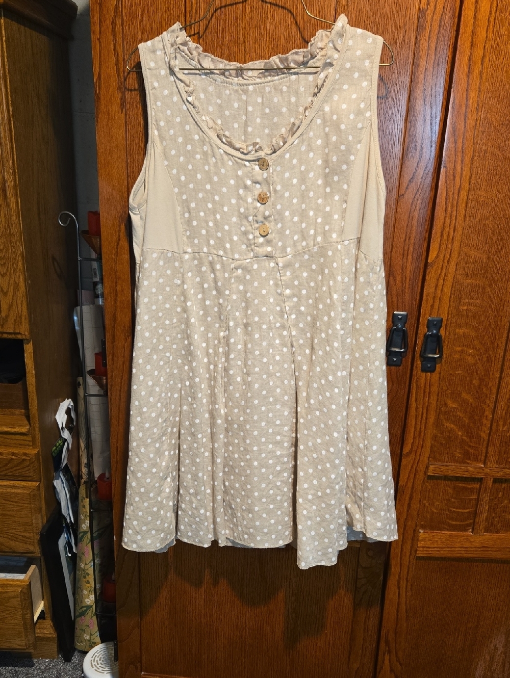 Tan Polka-dot Linen And Knit Dress